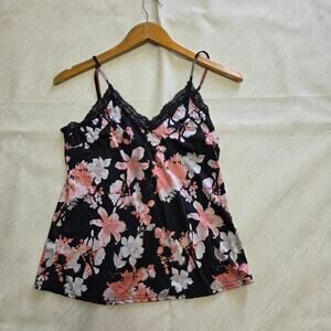 Vince Camuto Women's Black with Floral Design Satin Night Shirt with Lace size M